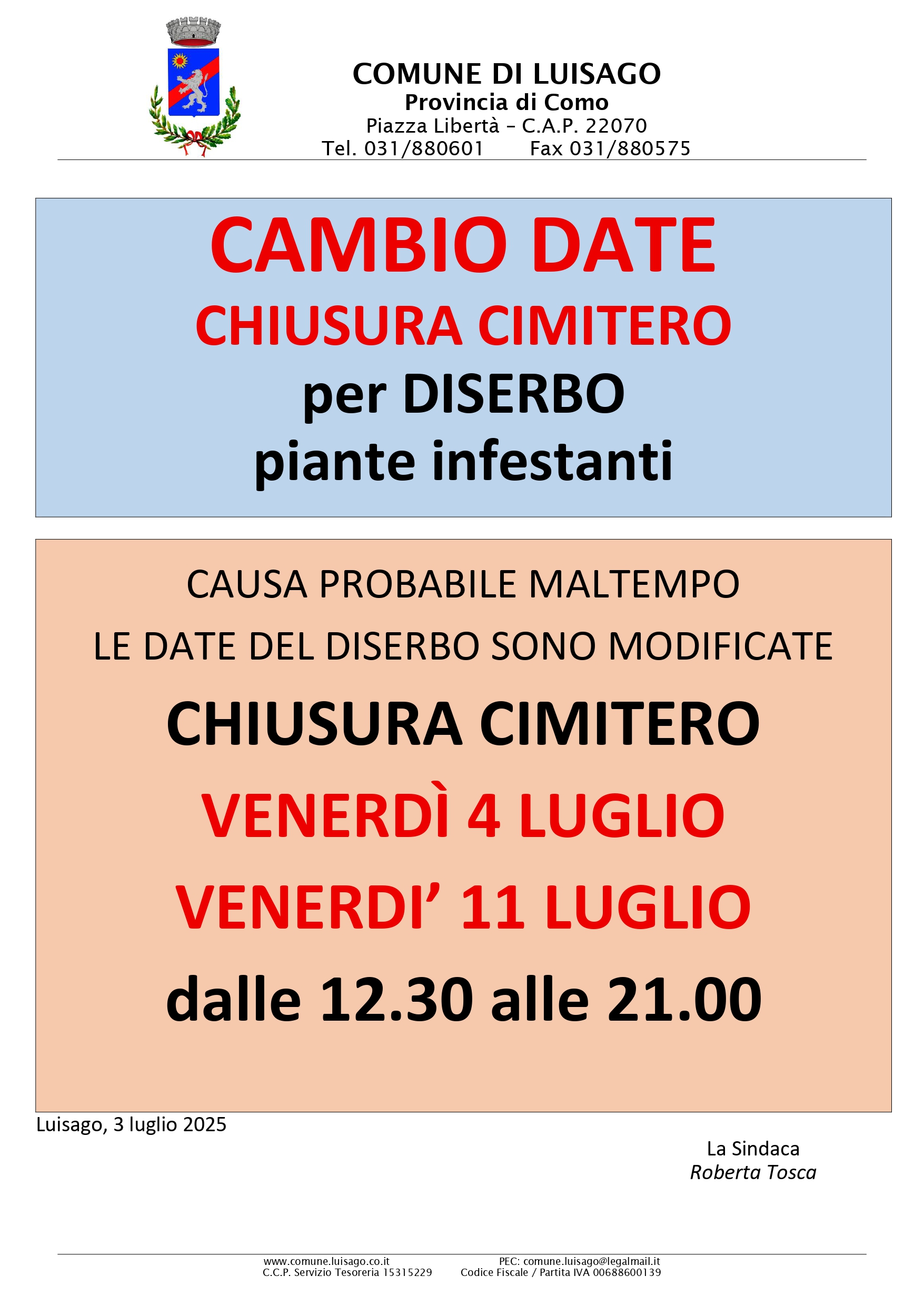 CHIUSURA STRAORDINARIA CIMITERO