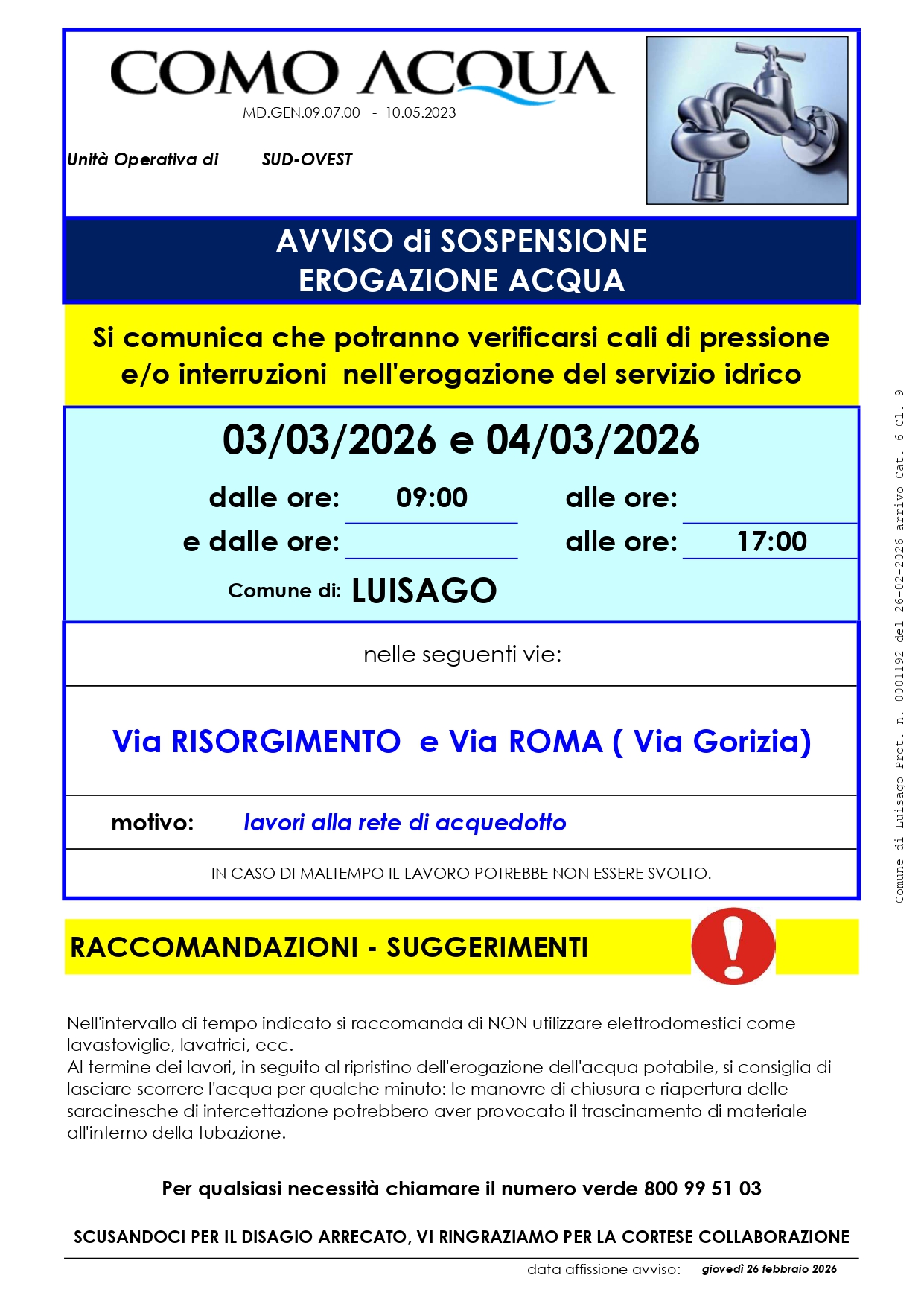 SOSPENSIONE EROGAZIONE ACQUA 3-4 MARZO