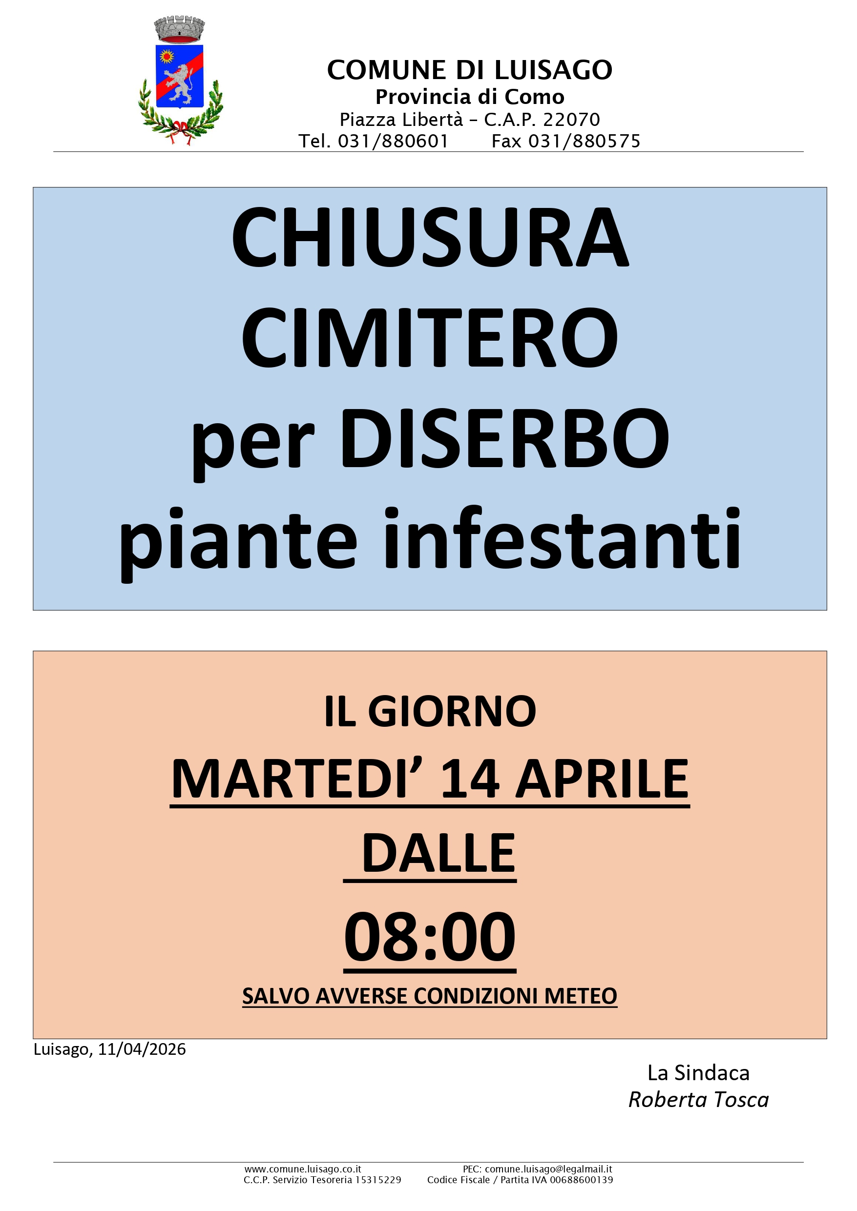 CHIUSURA CIMITERO PER DISERBO
