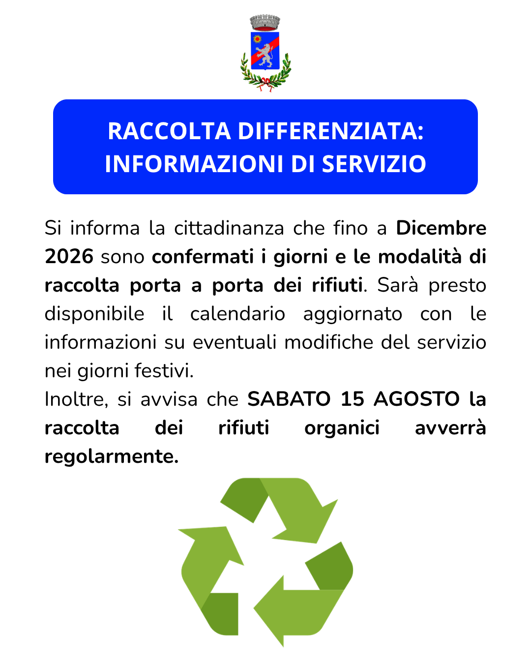 RACCOLTA DIFFERENZIATA: INFO DI SERVIZIO