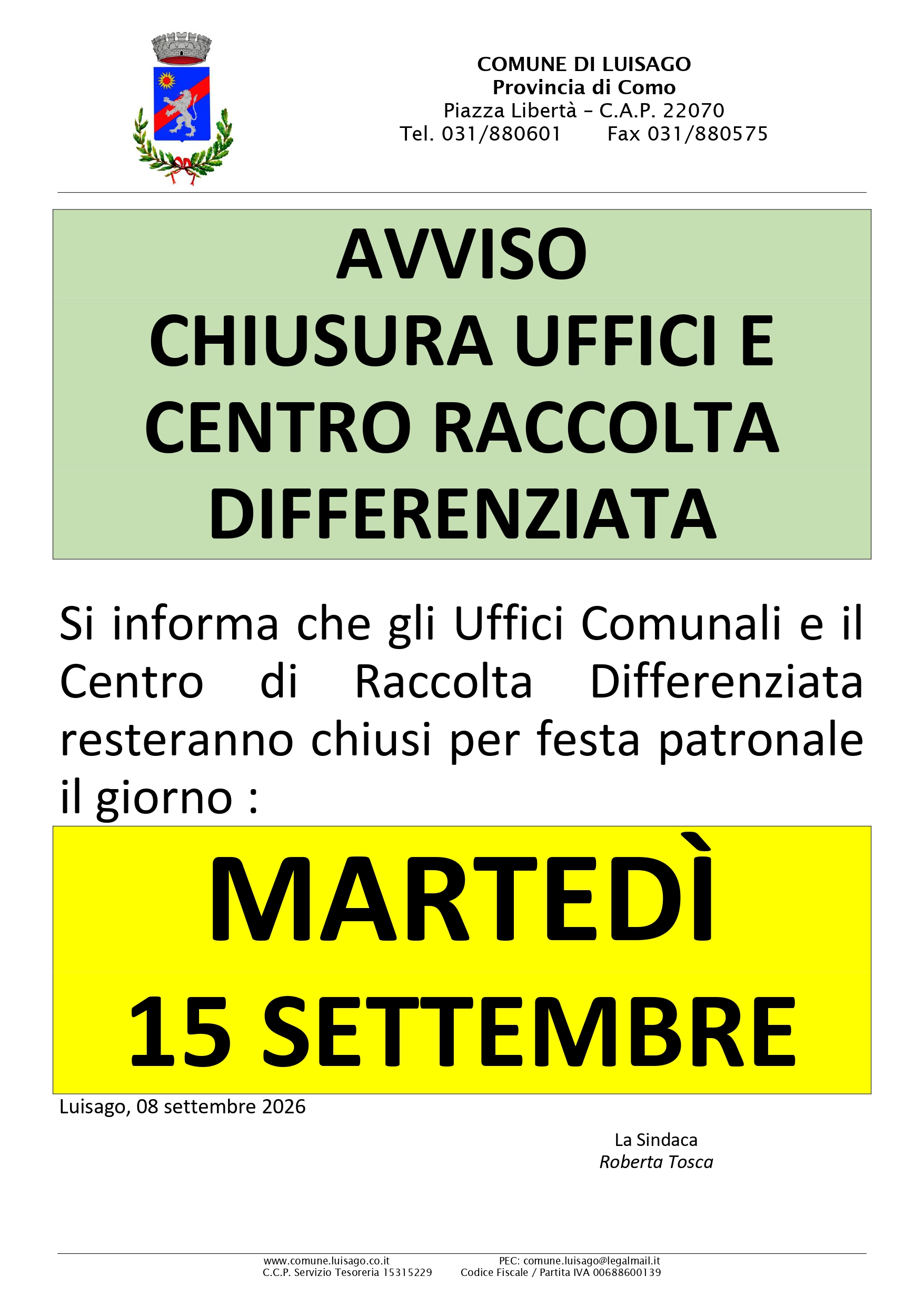 CHIUSURA UFFICI SANTO PATRONO